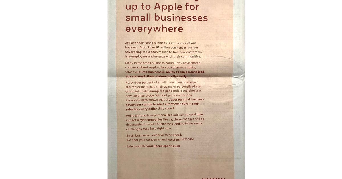 facebook-criticizes-apple’s-ios-privacy-changes-with-full-page-newspaper-ads